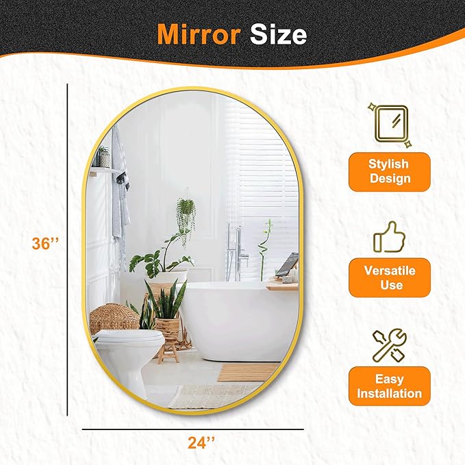 Bathroom Mirror for Wall, 36''x24'', Gold Oval Mirror for Bedroom Entryway Bathroom, Metal Framed Vanity Mirror(36''x24'', Gold)