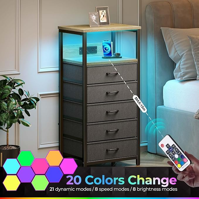 Seventable Night Stand with Charging Station, Tall Nightstand with 5 Fabric Storage Drawers, Side Table with LED Light for Bedroom, Entryway, Greige, Set of 2
