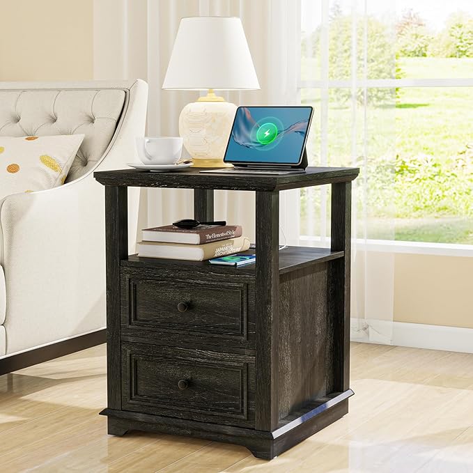 Vipbear Farmhouse Nightstand 18" Dark Gray End Table with Charging Station & 2 Drawers, Rustic Bedside Table with Storage Shelf for Bedroom, Living Room,18.1" D x 18.1" W x 24.2" H, Set of 2