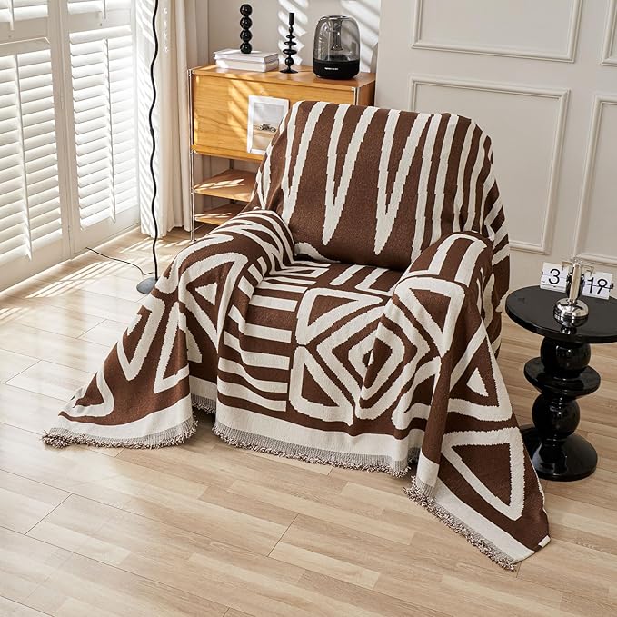 STACYPIK Reversible Boho Chocolate Sofa Cover Durable Couch Cover for 1 Cushion Couch Sofa Cover for Dogs Non Slip Jacquard Geometric Pet Armchair Cover with Tassels Sofa Protector Blanket-71X71IN