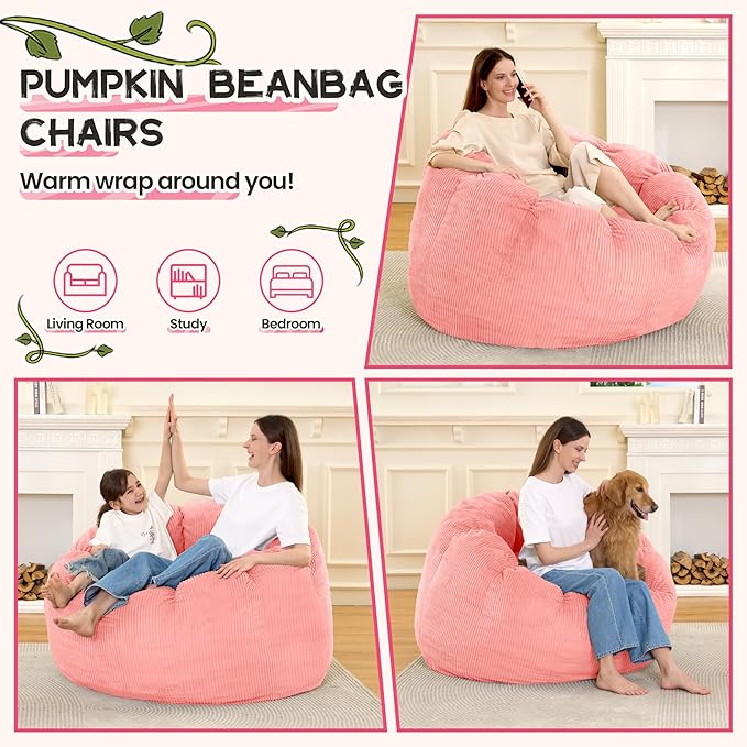 HABUTWAY Giant Bean Bag Chair for Adults/Kids/Teens, Pumpkin Bean Bag Couch Comfy Reading Chair for Bedroom, Corduroy Lazy Sofa Loughe Chair with Wider Seat Depth & Non-Slip Bottom(Pink)