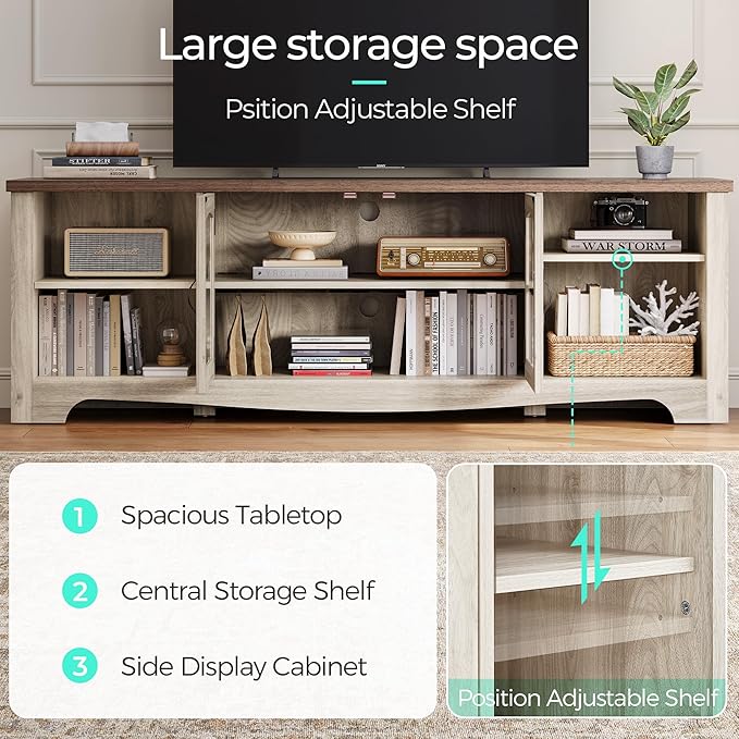 LINSY HOME TV Stand for 75 Inch TV, Modern Farmhouse Entertainment Center with Storage Cabinets and Glass Doors, Tall Media Console Table for Living Room, Bedroom, Large Long Television Stand, Beige