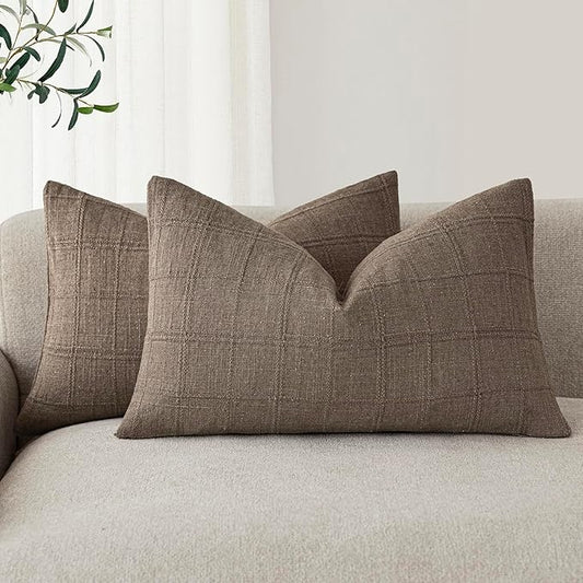 Foindtower Set of 2 Decorative Linen Check Throw Pillow Covers Neutral Farmhouse Lumbar Cushion Covers Modern Boho Home Decor for Sofa Chair Couch Bedroom Living Room Outdoor,12×20 Inch,Taupe Grey
