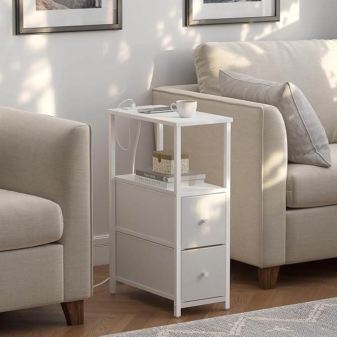 TUTOTAK Small Narrow End Table with Charging Station, Side Table with Outlets, Nightstand with 2 Cloth Drawers, Couch Table, for Living Room, Bedroom, Bedside, White TB01BW085
