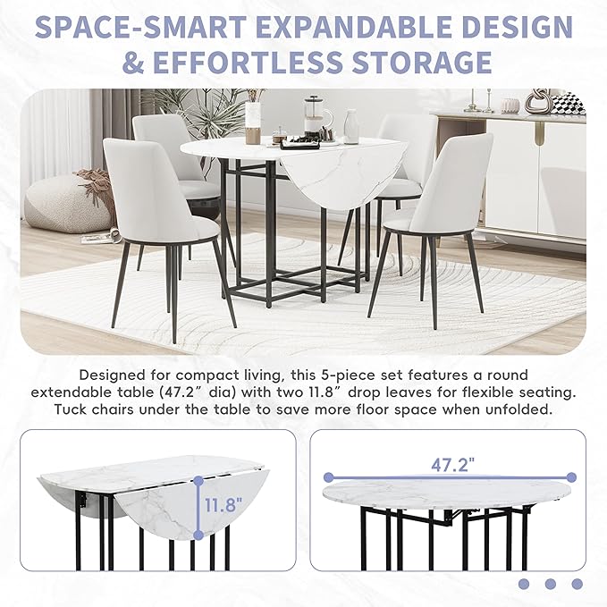 Merax 47.2” Round Dining Table Set for 4, Foldable Kitchen Dining Table with 11.8” Drop Leaves, Faux Marble Top with Golden Frame, 4 Upholstered Chairs (White+Beige)