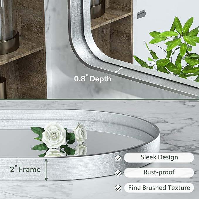 TokeShimi Arched Brushed Silver Bathroom Mirror 26x38 Inch with Non-Rusting Aluminum Alloy Matte Framed for Vanity Farmhouse Modern Minimalist Bathroom, Entryway Hall, Living Room, Bedroom