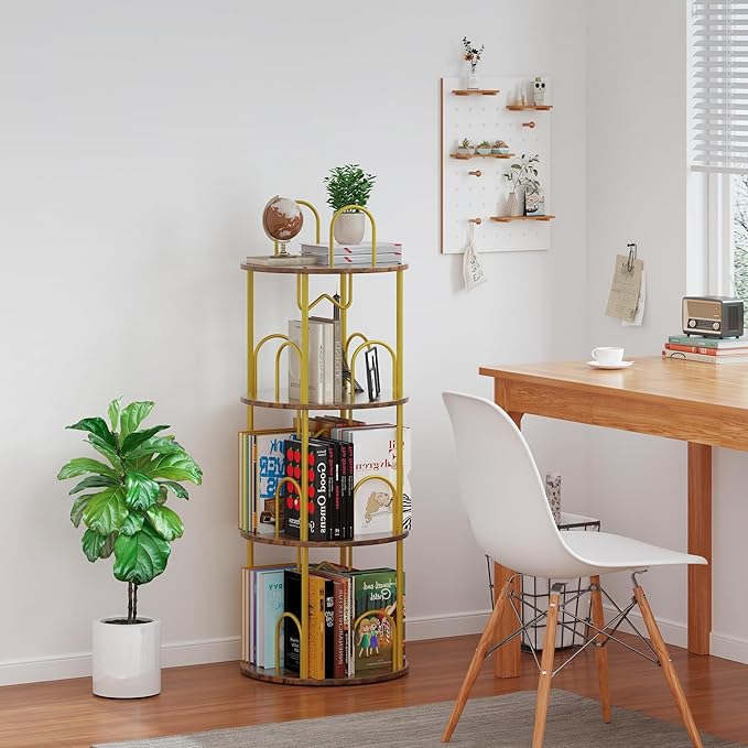 3 Tier Rotating Bookshelf, 360° Spinning Bookshelf Tower, Round Narrow Space Saving for Books and Display, Revolving Bookcase Corner Tall Book Shelf for Small Spaces, Bedroom, Living Room, Gold