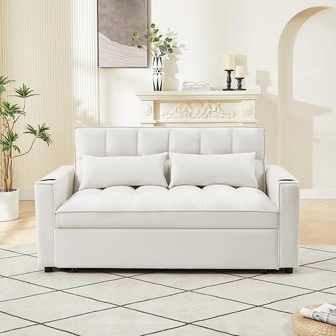 ERYE 64" W Full Size 3 in 1 Convertible Sleeper Sofabed W/Cupholders and USB Ports, Modern Velvet Upholstered Loveseat Sofa with Pull Out Sleep Couch Bed and Reclining Backrest for Home Apartment RV