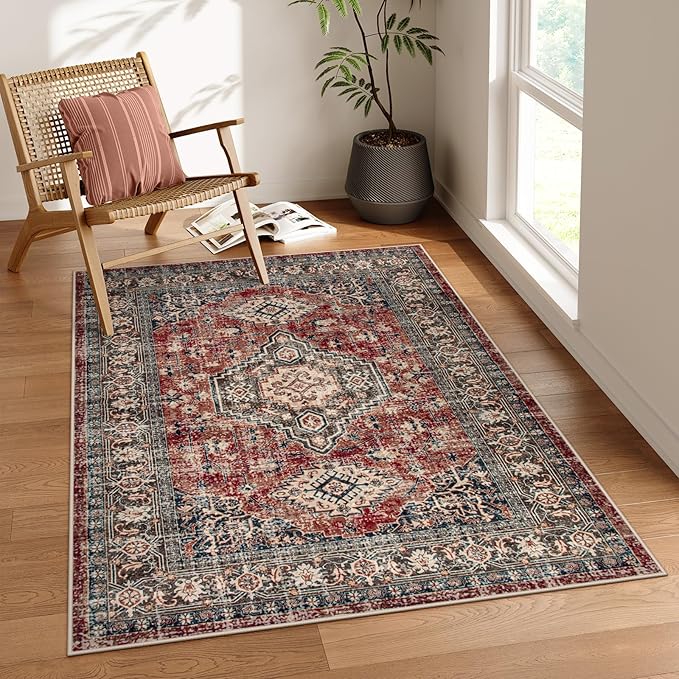 Lahome Oriental Washable Rugs for Bedroom, 4X6 Soft Living Room Rug Ultra-Thin Non-Slip Stain Resistant Vintage Low-Pile Throw Carpet for ‎Office Entryway, Brick Red