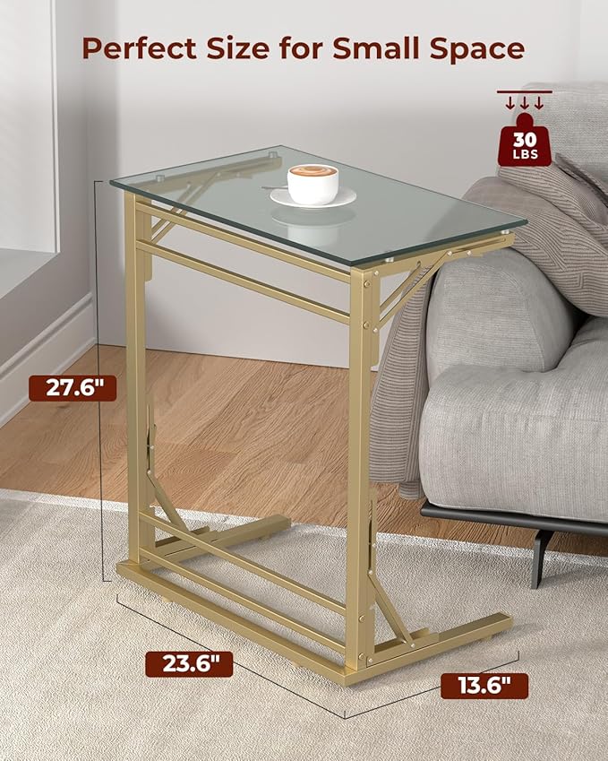Tatub 24" Folding TV Tray Table, Glass C Shaped End Table for Couch, Small Sofa-Side Laptop Desk with Gold Metal Frame for Living Room, Bedroom, Bedside