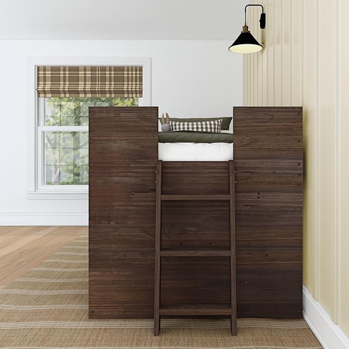 Max & Lily Modern Farmhouse Twin Low Loft Bed with Bookcase - Solid Wood, 15” Guardrails, 400-lb Capacity, Low-VOC Finish, Barnwood Brown