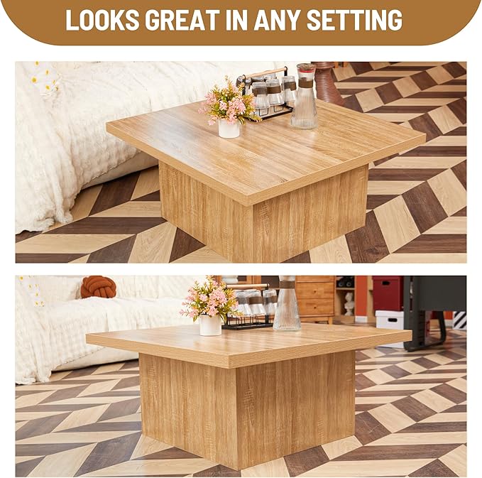 Square Cocktail Living Room Coffee Table Engineered Eco-Friendly Wood Look Laminate Veneer Rustic Farmhouse