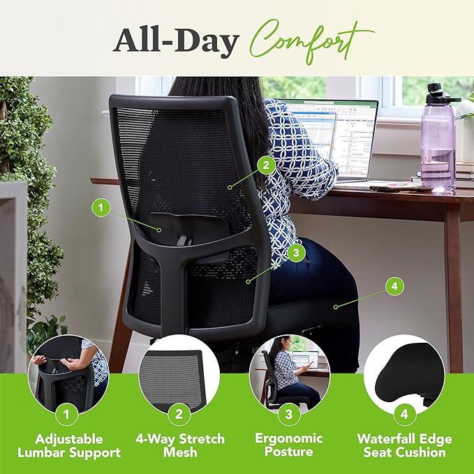 HON Ignition 2.0 Armless Ergonomic Office Chair, Adjustable Tilt, Swivel Wheels, Comfy for Long Hours, Home Office Desk Chairs, Black