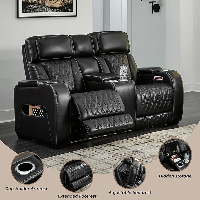 Signature Design by Ashley Boyington Modern Leather Match Power Reclining Loveseat with Console, Adjustable Headrest, Massage, Heated Seat and LED Lights, Black