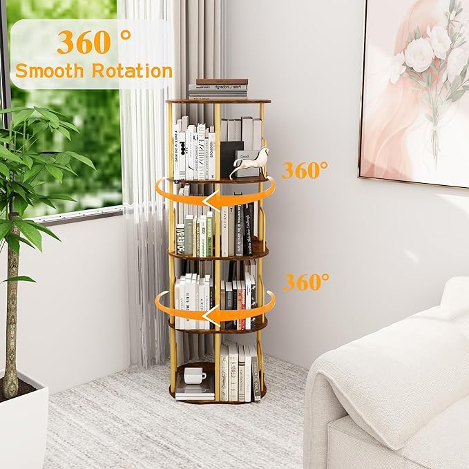 4-Tier Rotating Bookshelf, 360 ° Display Stackable Spinning Bookshelf Tower, Narrow Space Saving Tall Floor Standing Swivel Bookcase Corner Organizer for Bedroom, Living Room, Gold