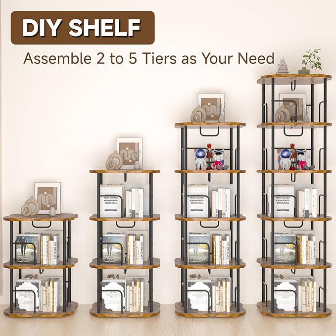 5-Tier Rotating Book Shelf, 360° Display Spinning Bookshelf Tower, Book Organizer, Floor Standing Bookcases for Small Space, Corner Book Shelf for Bedroom, Living Room, Study Room (RUSTIC BROWN)
