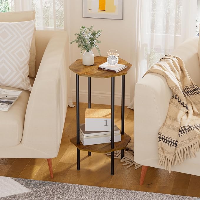 Side Table, Octagonal End Table for Small Spaces, Nightstand with 2 Storage Shelves, Small Table Stand for Bedroom, Living Room, Outdoor Balcony(Brown)