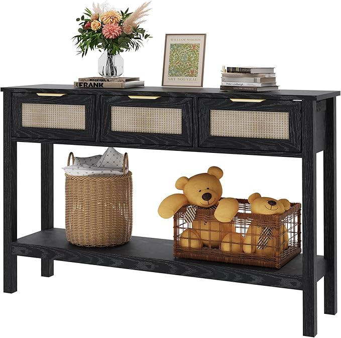 Entryway Table, Boho Console Table with 3 Storage Drawers and Storage Shelf, Sofa Table with Socket, for Entryway, Living Room, Behind Couch and Hallway (Black)