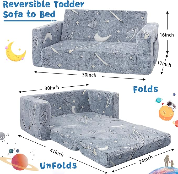 Toddler Couch,Toddler Chair, 2-in-1 Baby Seat Furniture Fold Out, Convertible Sofa to Lounger Soft Comfy Glow in The Dark Kids Sofa Bed Gifts for Kids Girl Boys,Star,Large