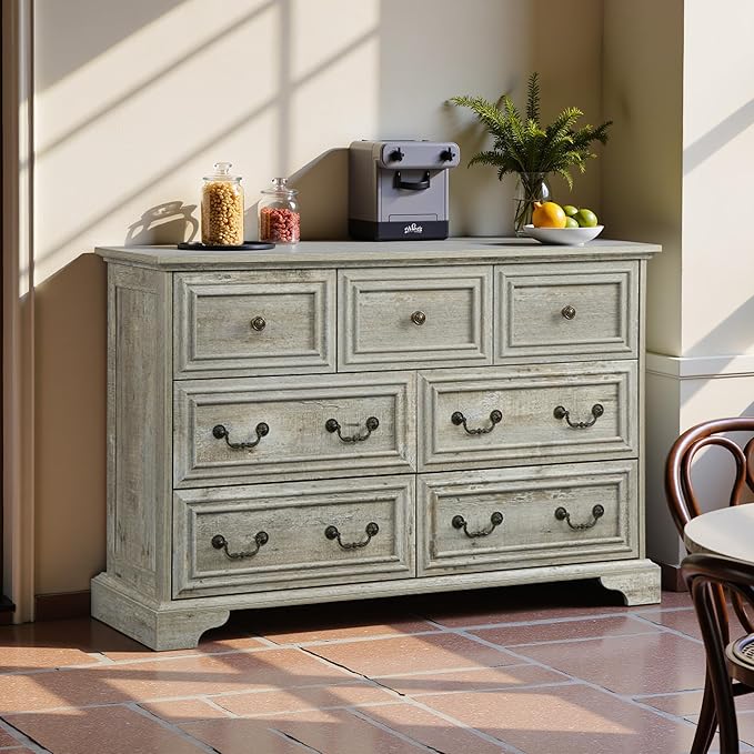 47.2" Farmhouse Sideboard Buffet Cabinet with Storage, Kitchen Buffet Storage Cabinet with 7 Drawers, Modern Wood Accent Sideboard for Living Room, Kitchen, Hallway(Ancient Oak)