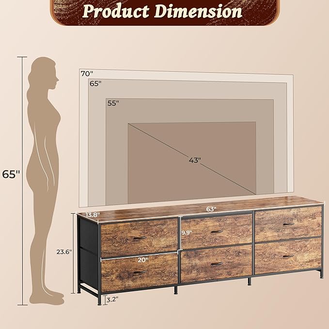 Huuger 63 Inch Long Dresser for Bedroom, Wide TV Stand for 55, 65, 70 Inch TV, 6 Drawer Dresser for Closet with Fabric Drawers, Storage Organizer for Bedroom, Entryway, Rustic Brown