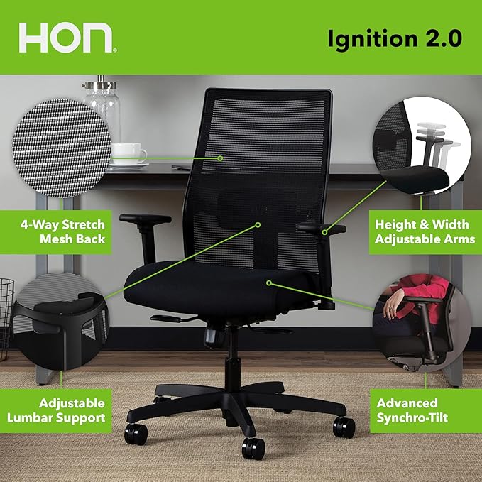 HON Ignition 2.0 Mid Back Task Chair, Standard Synchro-Tilt Control, Office Chair with Lumbar Support, Height and Width Adjustable Arms, Black Frame, Black