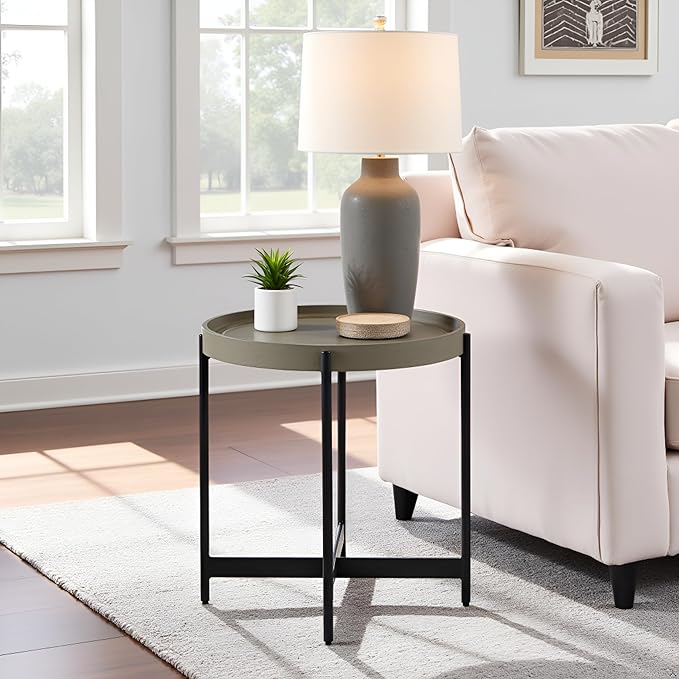 Alaterre Furniture Brookline 20-Inch Round Wood End Table with Concrete Coating and Powder-Coated Iron Legs – Tray Style Top Home Accent for Living Room, Bedroom or Office (Gray)