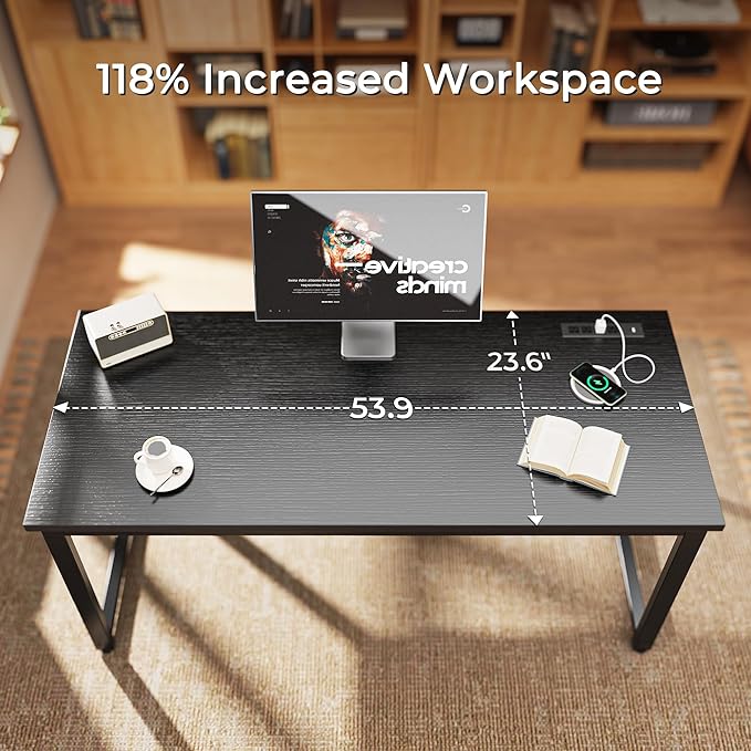 Huuger 55 x 24 inch Desk with Power Outlets & USB-C, Deeper & Thicker Desktop, Robust Metal Tubes, Computer Desk, Heavy Duty Office Desk, Work Gaming Desk for Home Office, Black