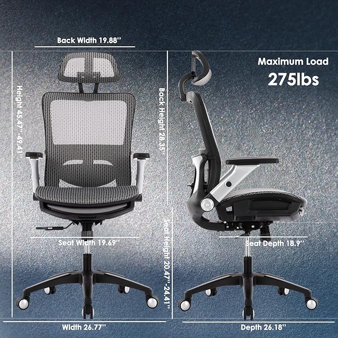 COLAMY Ergonomic Mesh Office Chair with Footrest, High Back Computer Executive Desk Chair with Headrest and 4D Flip-up Armrests, Adjustable Tilt Lock and Lumbar Support-Grey