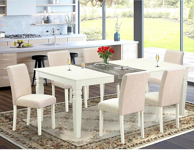 East West Furniture LGAB7-LWH-02 7 Piece Kitchen Table Set Consist of a Rectangle Dining Table with Butterfly Leaf and 6 Light Beige Linen Fabric Parson Chairs, 42x84 Inch, Linen White