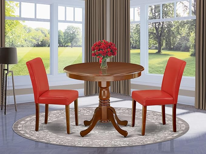 East West Furniture ANAB3-MAH-72 3 Piece Dinette Set for Small Spaces Contains a Round Kitchen Table with Pedestal and 2 Firebrick Red Faux Leather Parsons Chairs, 36x36 Inch, Mahogany