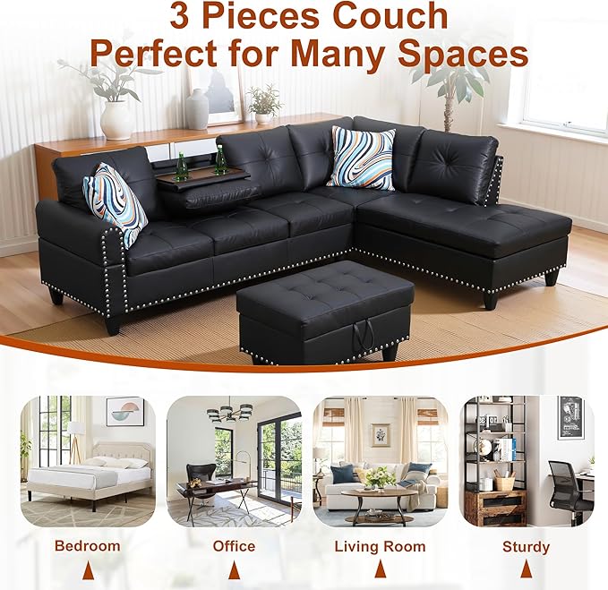 Osparple L Shaped Couch Faux Leather Sectional Couch Upholstered 3 Pieces Sofas for Living Room with Chaise, Ottoman with Storage for Office and Small Apartment, Graceful Black