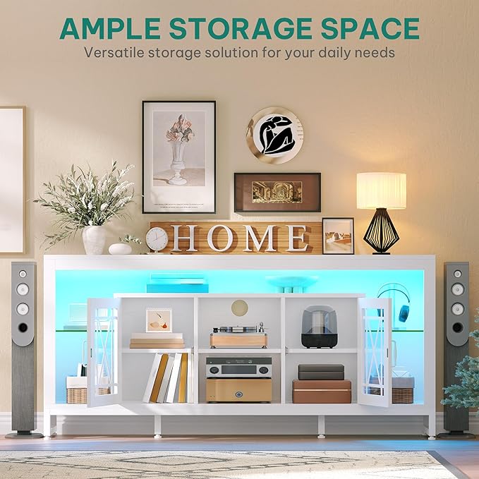 YITAHOME 33.5'' Tall TV Stand for 75 inch TV, LED Entertainment Center with Storage, Black TV Stands for Living Room with Acrylic Doors & Power Outlets, Tall TV Console Cabinet, White