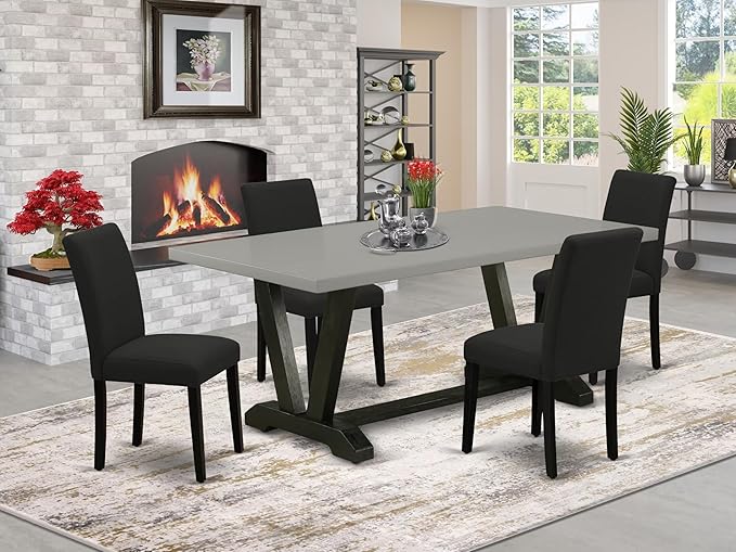 East West Furniture V697AB624-5 5 Piece Dining Table Set Includes a Rectangle Dining Room Table with V-Legs and 4 Black Color Linen Fabric Upholstered Chairs, 40x72 Inch, Multi-Color