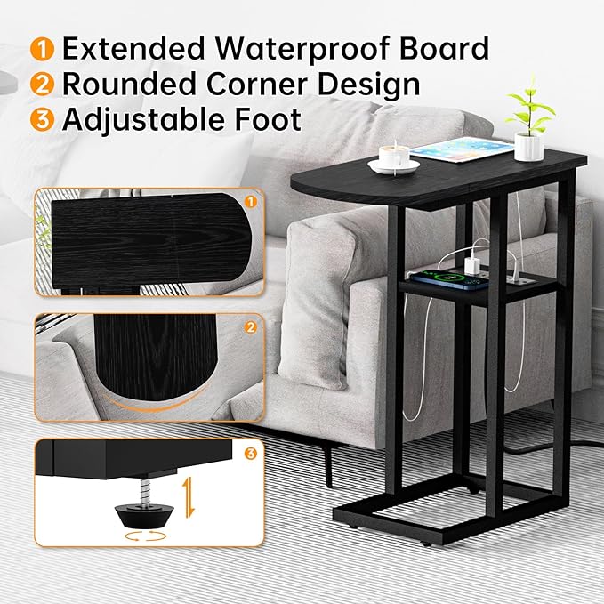 C Table End Table with Charging Station, Couch C Shaped Side Table for Living Room, Bedroom, Laptop Table with USB Ports and Type-C Port, Snack Tray Table for Couch, Black