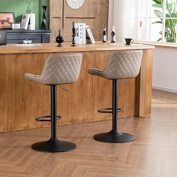 YOUNIKE Khaki White Bar Stools Set of 2 Kitchen Counter Height Barstools Upholstered Swivel Modern Faux Leather Bar Chairs with Backs Adjustable High Breakfast Island Stool with Metal Leg
