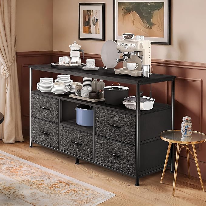 TV Stand for Bedroom, 47 Inch Dresser TV Stand for 43, 50, 55 Inch TVs, 5 Drawers Entertainment Center with Storage, LED Lights & Power Outlets, Media TV Console Table for Living Room, Black
