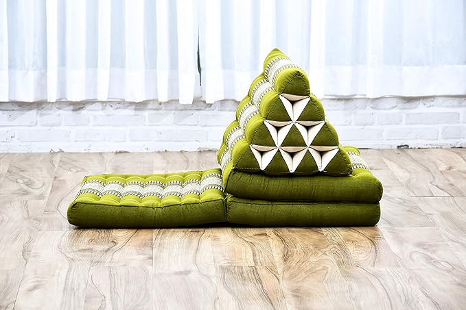 Leewadee - Comfortable Japanese Floor Mattress - Thai Floor Bed with Triangle Cushion - Futon Mattress - Thai Massage Mat, 67 x 21 inches, Green, Kapok Filling