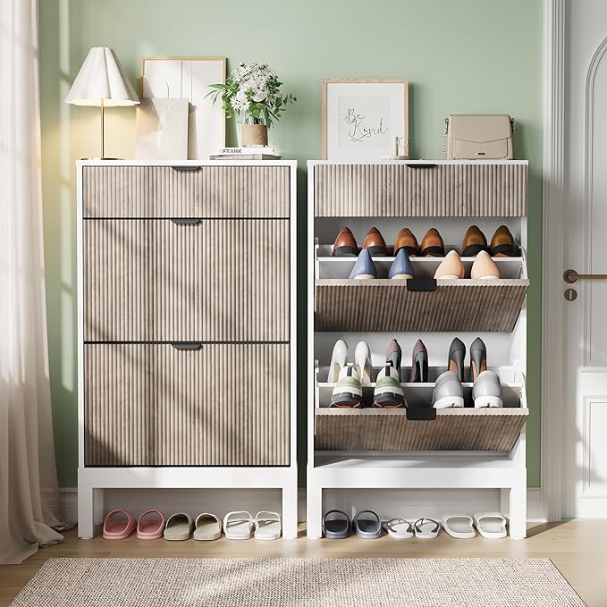 GarveeHome Shoe Storage Cabinet with 2 Flip Drawers, Farmhouse Fluted Shoe Organizer with Metal Legs, Freestanding Hidden Slim Narrow Shoe Rack for Entryway, Foyer, Hallway