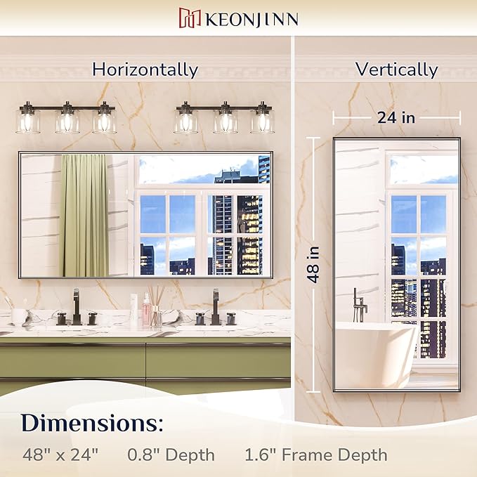 Keonjinn 48 x 24 Inch Black Bathroom Mirrors for Over Sink Bathroom Vanity Mirror for Wall Metal Frame Rectangle Mirror Large Square Corner Matte Black Mirror Full Length Mirror(Horizontal/Vertical)