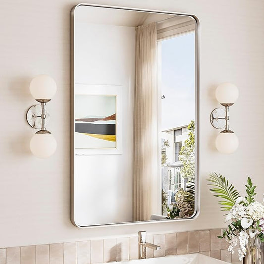 TokeShimi 24x36 Brushed Nickel Bathroom Mirror,Wall Mirror for Bathroom with Tempered Glass,Nickel Bathroom Vanity Mirror for Over Sink,Aluminum Framed Mirror(Horizontal/Vertical)