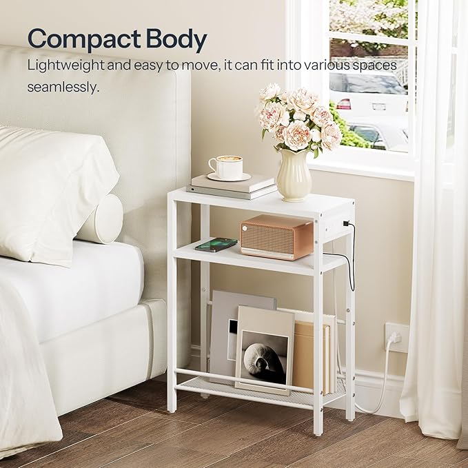HOOBRO Small Narrow Side Table with Charging Station, Skinny End Table for Small Spaces, Slim Nightstand with USB Ports Outlet, Sofa Beside Table with Storage Shelf, White WT102UBZ01