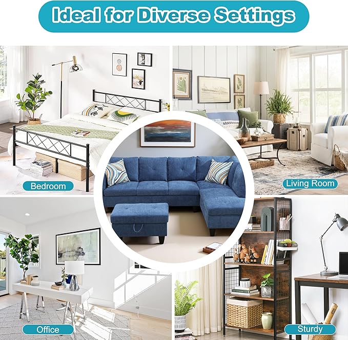 Couches for Living Room Modern L Shaped Couch Comfy Linen Fabric 3 Pieces Sectional Sofa with Chaise, Ottoman with Storage for Office and Small Apartment, Blue