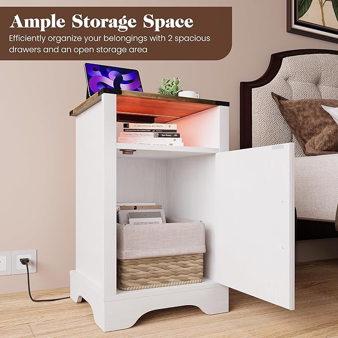 RoyalCraft Farmhouse Nightstand, White Night Stand with LED Lights and Charging Station, Bedside Table Set of 1 with Storage and Door, Wood End Table for Bedroom, Home Office, Antique White