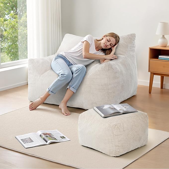 INMOZATA Bean Bag Chair for Adults, 3FT Beanbag Chair with Ottoman Pre-Filled Fluffy Lazy Chair Corded Fabric Accent Chair for Bedroom Living Room Dorm (Ivory)