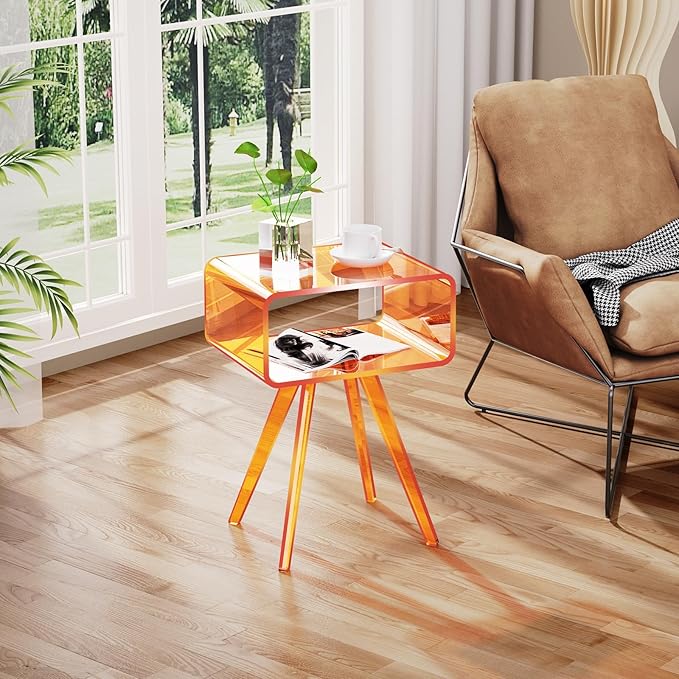 Acrylic Side Table, Acrylic Nightstand Bedside Table for Bedroom (Orange, 16.5'' x 11.8'' x 21.6'')