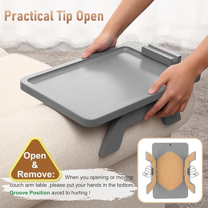 SINWANT Couch Armrest Table,Bamboo Couch Arm Table 360° Phone Holder,Foldable Sofa Arm Tray for Eating Drinking Snacks Remote on Chair Armrest