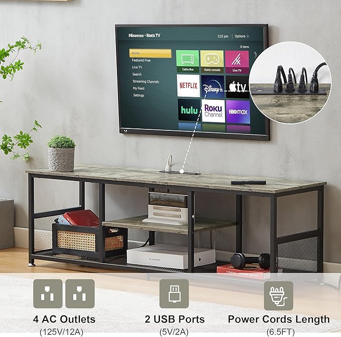 VECELO TV Stand with Power Outlets for Televisions up to 75Inch, 62" Media Entertainment Center with Charging Station 3-Tier Open Storage Shelves with Metal Frame for Living Room/Bedroom，Grey