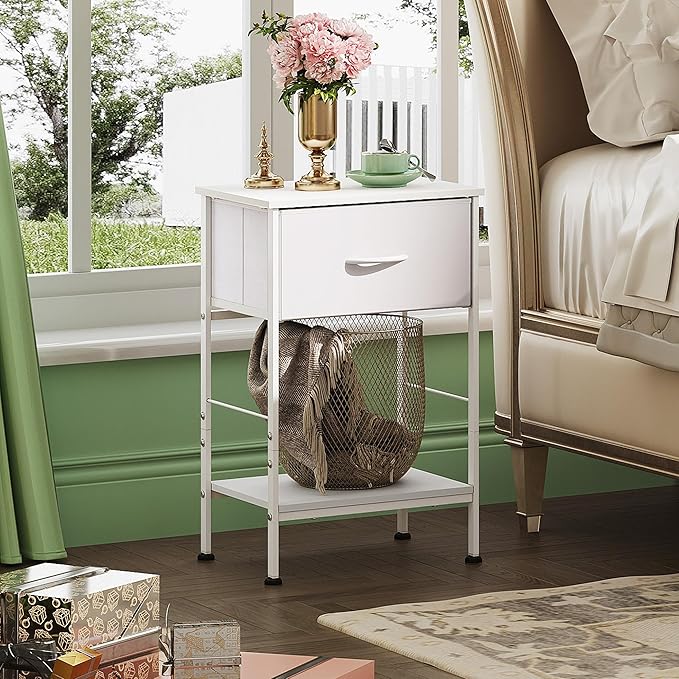 WLIVE Night Stand Set 2, White Nightstand with Fabric Storage Drawer and Open Wood Shelf, End Tables Dresser for Bedroom, Bed Side Table, Dorm, 25.03" Height