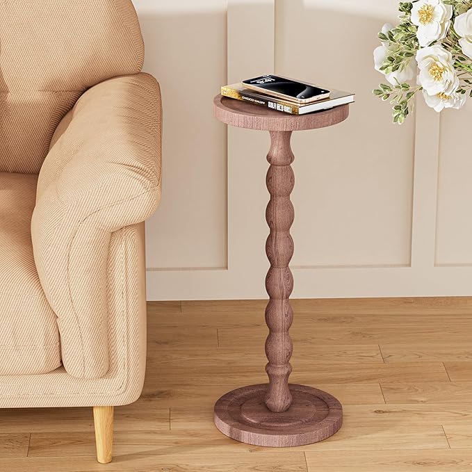 Solid Wood Drink Table, Rubber Wood‌ Small Round Side Table for Small Spaces, Martini Tables, Pedestal End Tables for Living Room, Bedroom, Corners and Office (Purple, 9.4 inch)